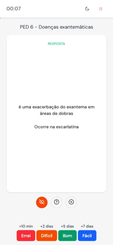 Interface mobile do MedFlip — flashcard de revisão espaçada para residência médica com opções de dificuldade no celular
